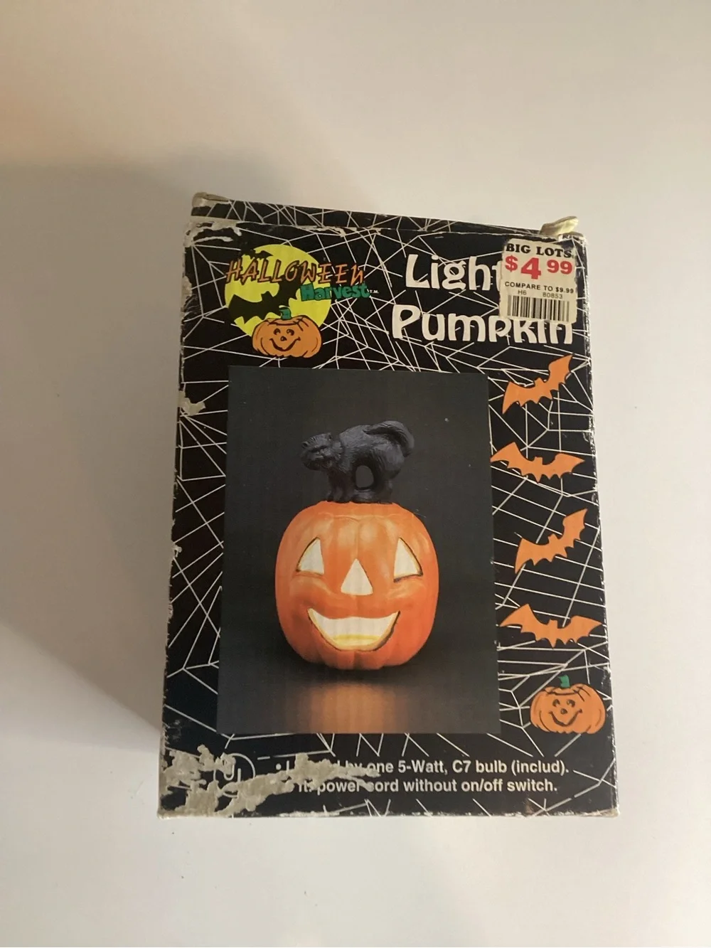 Vintage Black Cat Ceramic Halloween Light-Up Pumpkin Jack-O'-Lantern W/ Box